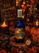 Protection room spray by Practical Magic Store, a glass bottle with a spray nozzle, labeled as a calming aromatherapy room spray.