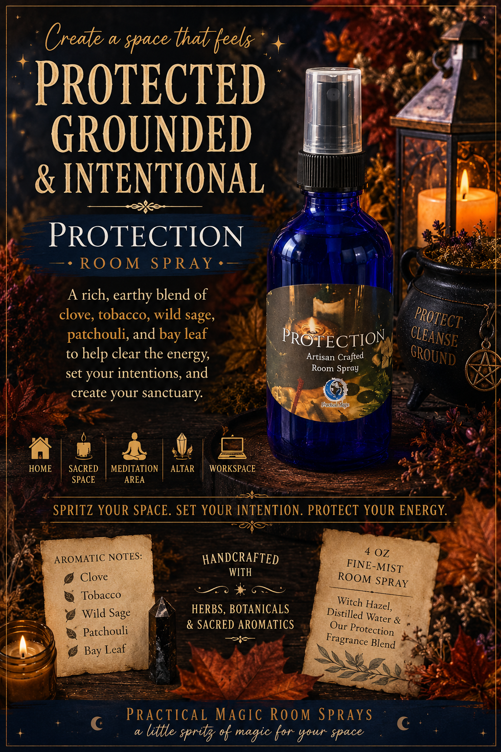 Protection Room Spray from Practical Magic Store, featuring a sleek bottle with a mystical design for aromatic home protection.