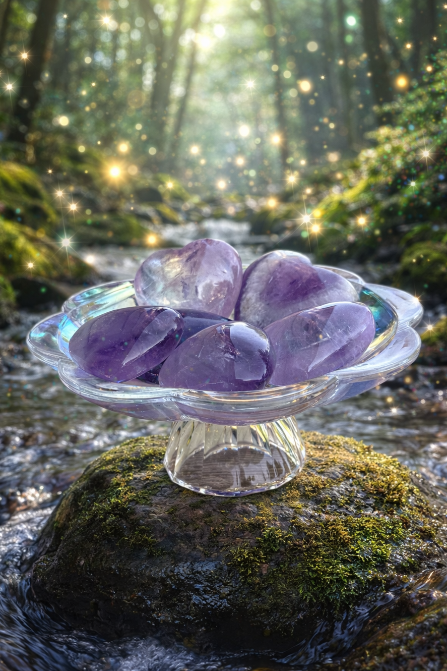 Amethyst heart-shaped gemstone from Practical Magic Store with purple crystals and polished surface, showcasing its vibrant color.