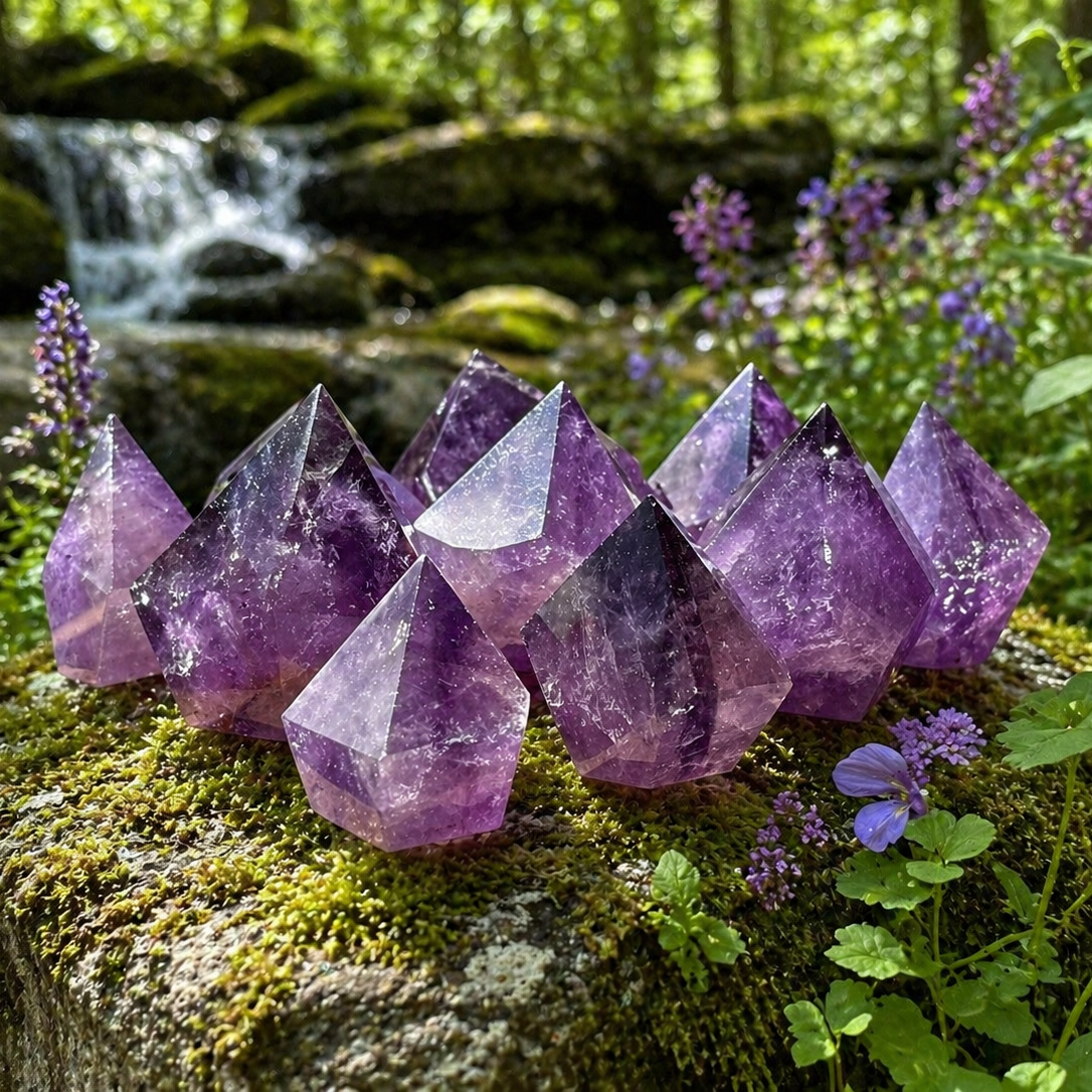 Polished amethyst point crystal from Practical Magic Store, featuring a vibrant purple hue and smooth, pointed shape.