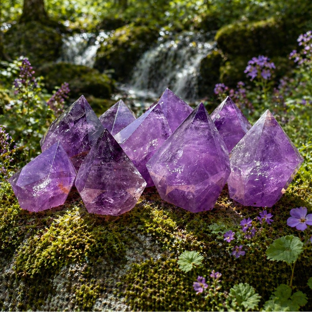 Polished amethyst point gemstone from 1 Practical Magic Store, showcasing a vibrant purple crystal with smooth, glossy surface.