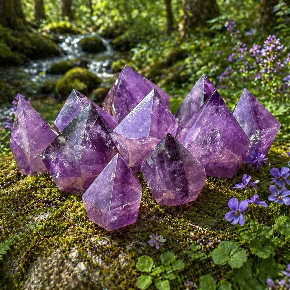 Polished amethyst point from 1 Practical Magic Store showing a smooth, purple crystal with natural facets and pointed tip.