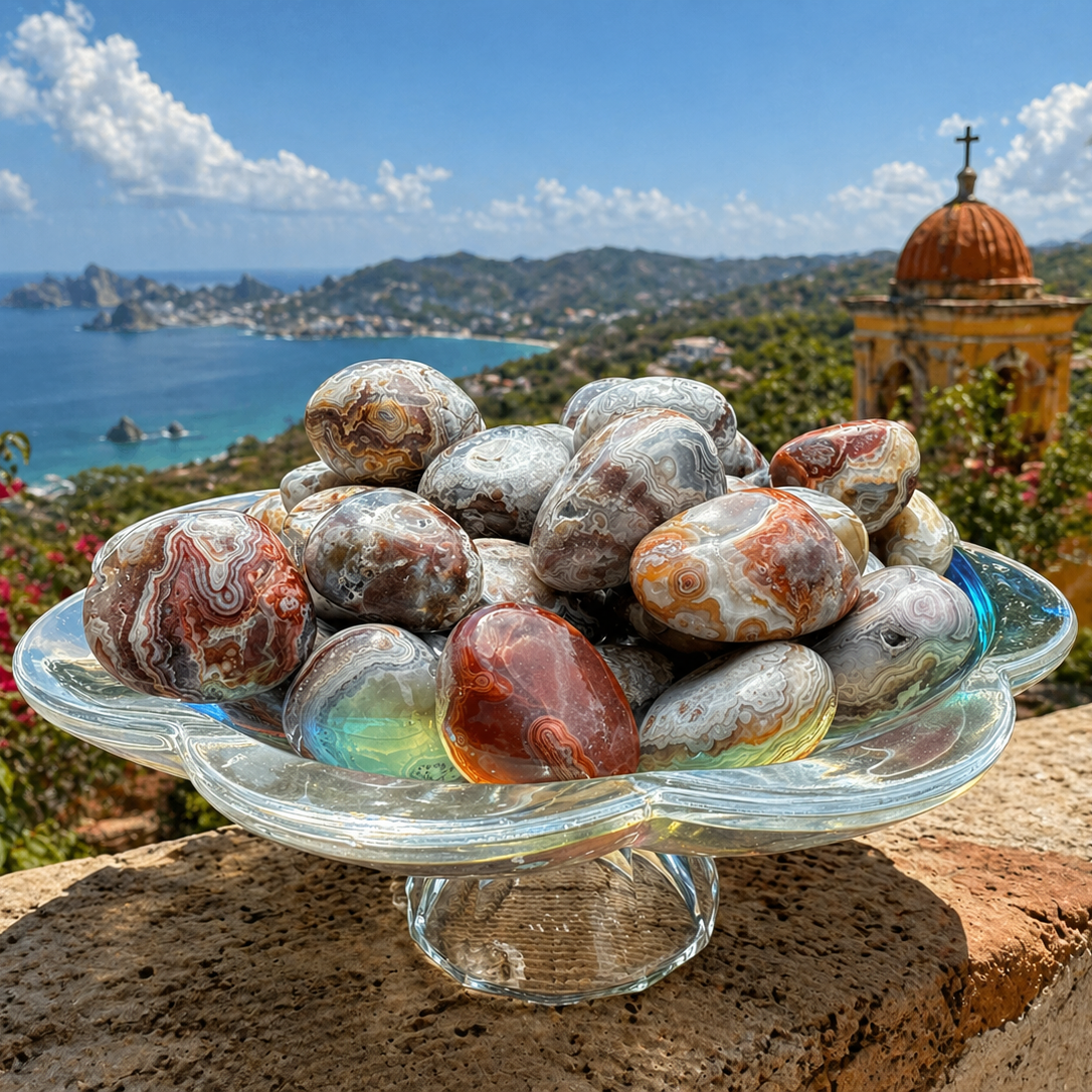 Smooth Mexican Laguna Lace Agate tumble stones with intricate lace-like patterns in earthy tones, displayed in a natural setting.