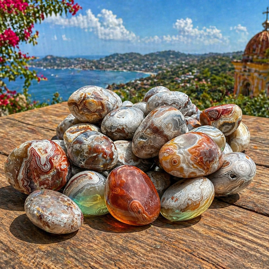 Smooth Mexican Laguna Lace Agate tumble stones with intricate banding and warm earth tones, showcasing natural gemstone beauty.