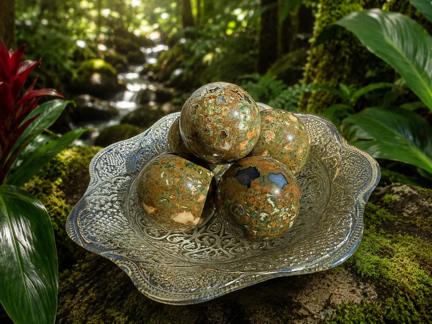 Rainforest Jasper sphere showcasing vibrant green and brown patterns, polished gemstone ball from Practical Magic Store.