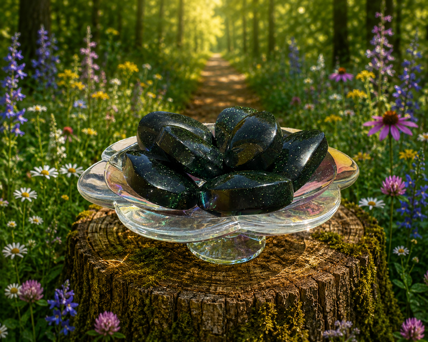 Green Goldstone palmstone featuring vibrant green and shimmering gold accents, showcasing polished smooth gemstone for meditation or display.