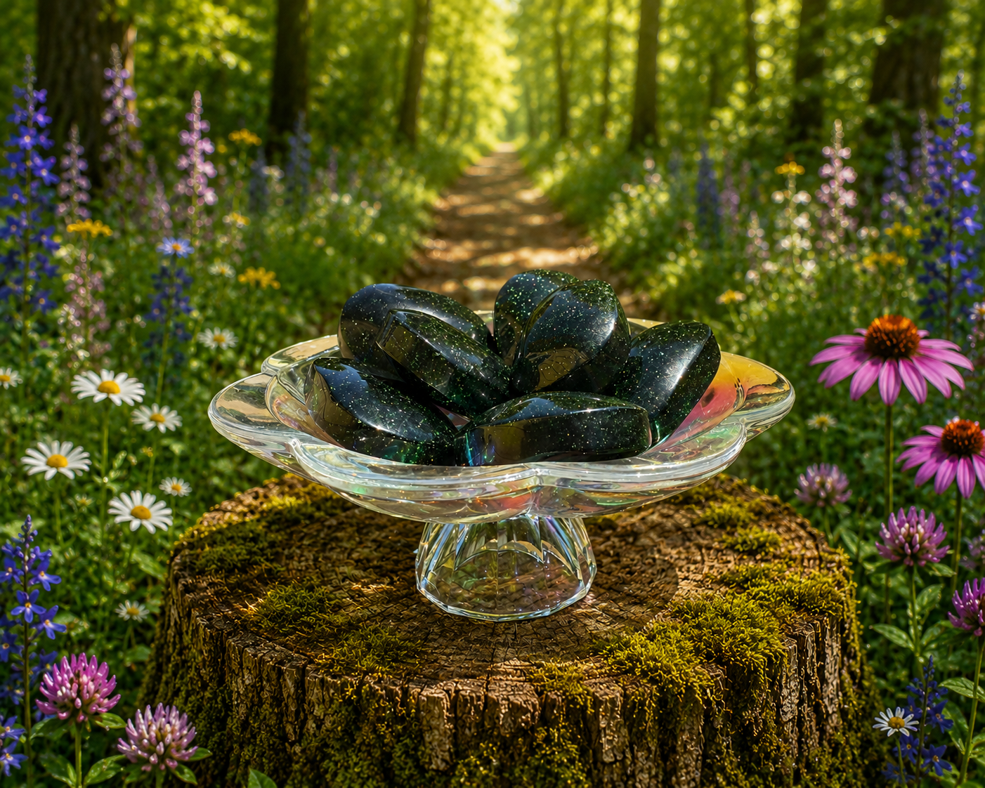 Green Goldstone palmstone from Practical Magic Store, smooth polished green and gold-colored gemstone with natural patterns.
