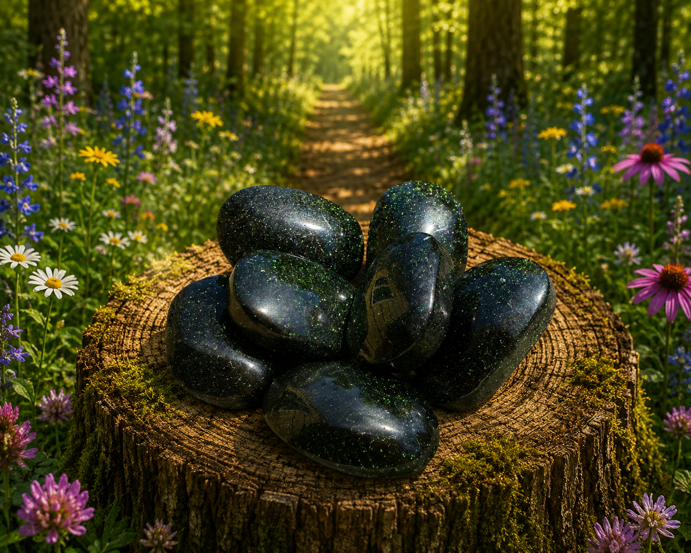 Green Goldstone palmstone from 1 Practical Magic Store, smooth polished green and gold speckled gemstone for meditation or decor.