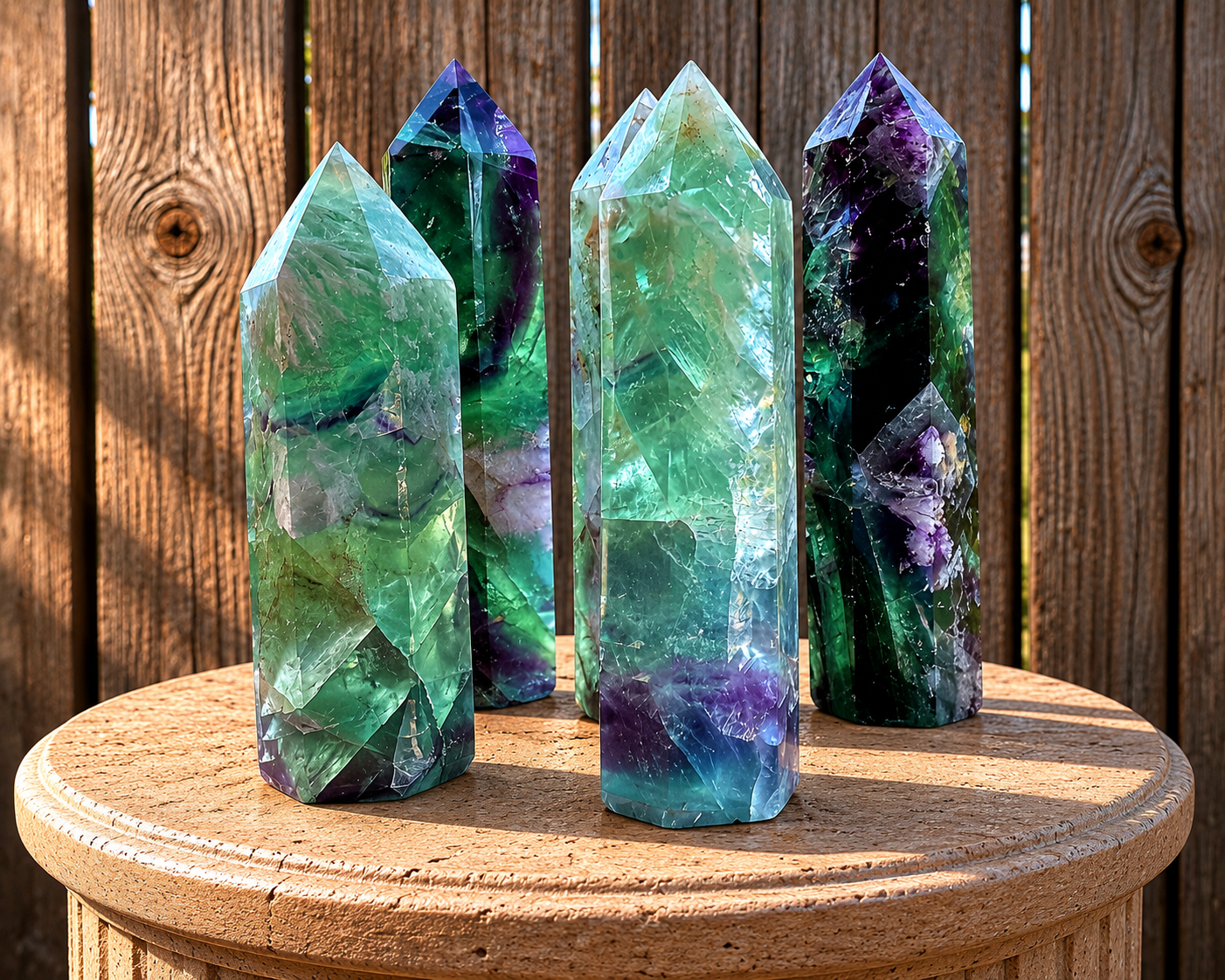 Natural rainbow fluorite stone tower with colorful feather patterns, showcasing vibrant hues and polished smooth surface.