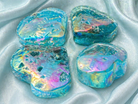 Blue Aura Druzy Sphalerite Heart gemstone pendant with iridescent blue aura and sparkling druzy surface.