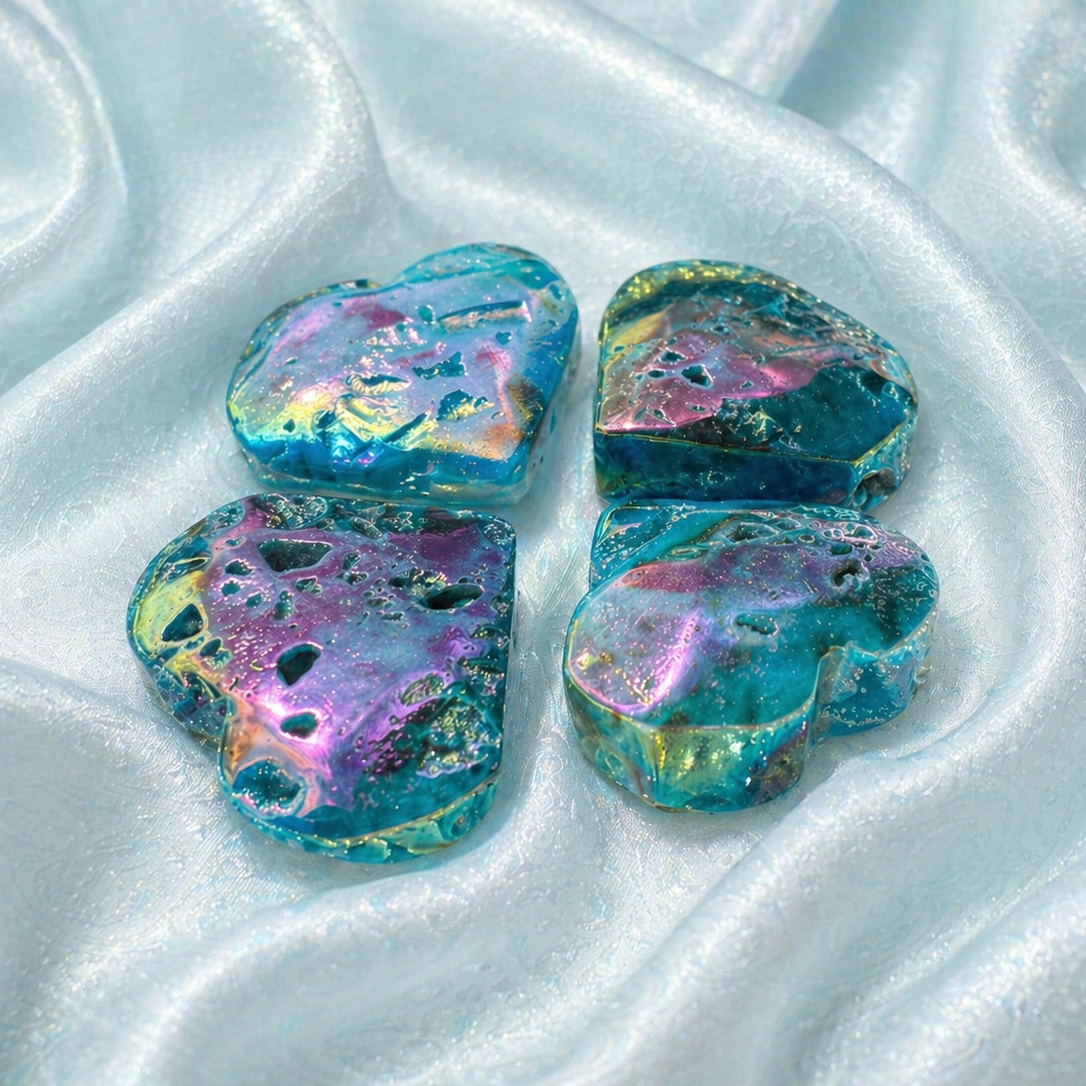 Blue Aura Druzy Sphalerite heart gemstone with shimmering blue aura surface, showcasing a sparkling, textured heart shape.