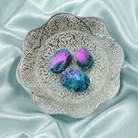 Blue Aura Druzy Sphalerite palmstones featuring shimmering blue aura coating and natural druzy texture, ideal for meditation and healing.