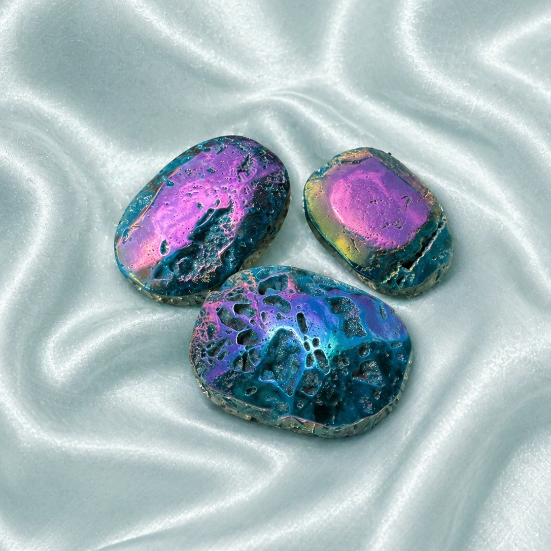 Blue Aura Druzy Sphalerite palmstones featuring vibrant blue aura coating and sparkling druzy texture, ideal for meditation and healing.