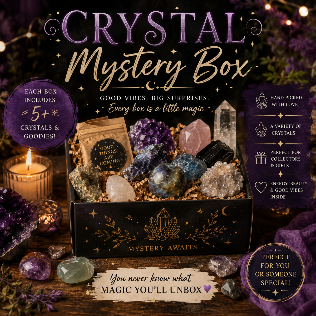 Assorted crystal and gemstone mystery box with various colorful stones and minerals from 1 Practical Magic Store.