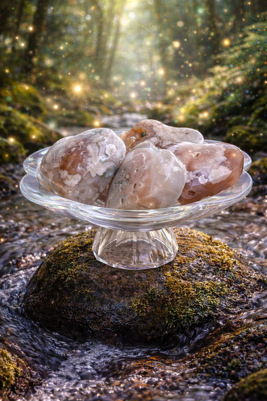 Flower Agate heart gemstone from Practical Magic Store, showcasing vibrant floral patterns and smooth polished surface.