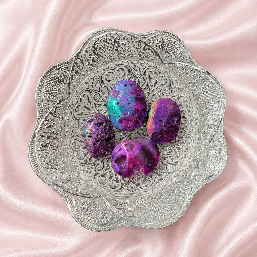 Pink Aura Druzy Sphalerite palmstone from Practical Magic Store, showing a vibrant pink, textured mineral crystal with a smooth surface.