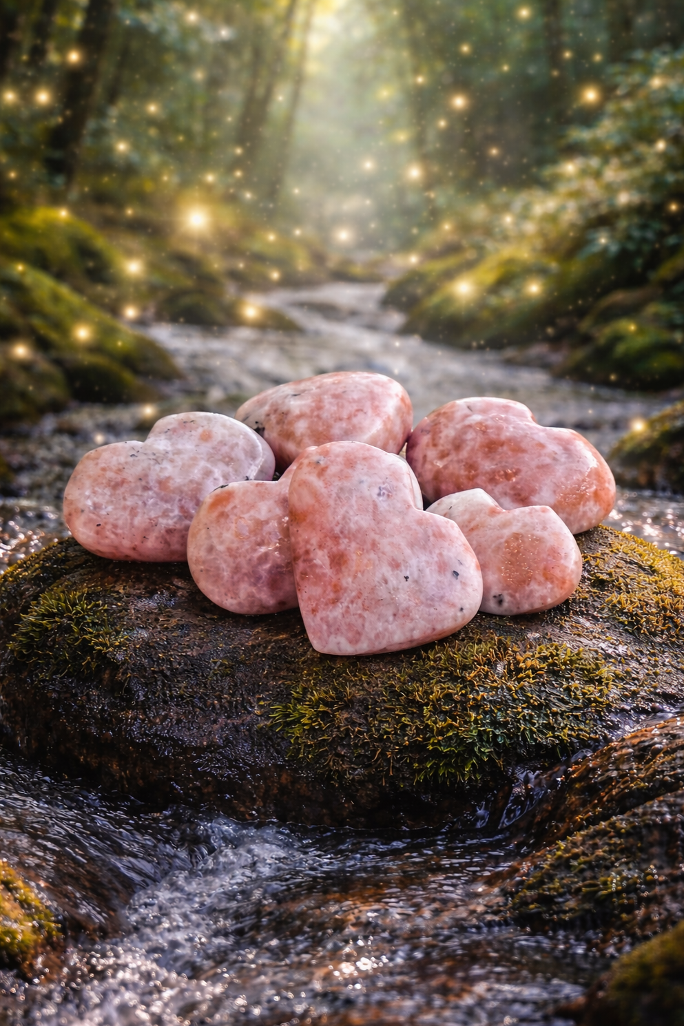 Sunstone heart-shaped gemstone from 1 Practical Magic Store, polished and glowing with warm, orange hues and natural inclusions.