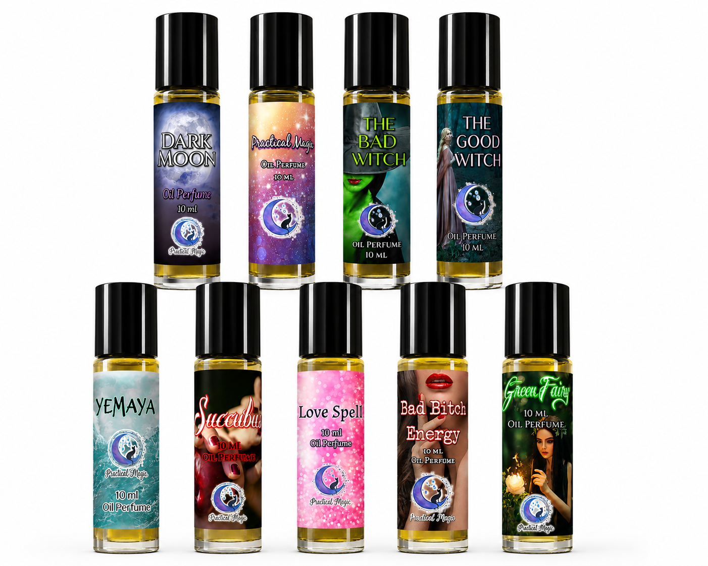 Practical Magic 10ml roller perfume bottle with floral, sweet, earthy, or masculine scents, compact and portable for everyday wear.