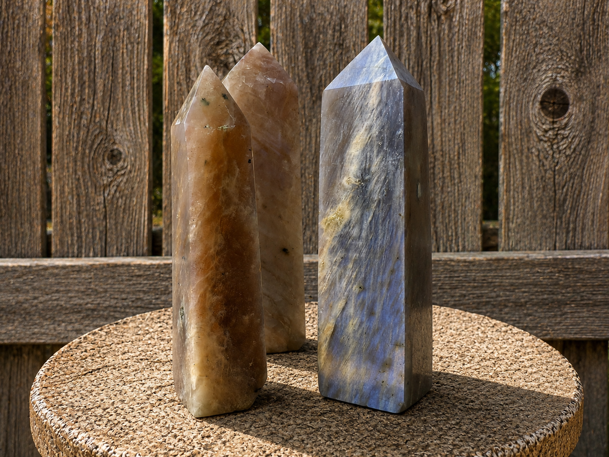 Blue Flash Moonstone Tower from Towers & Generators by 1 Practical Magic Store, featuring a vibrant blue moonstone crystal on a decorative tower.