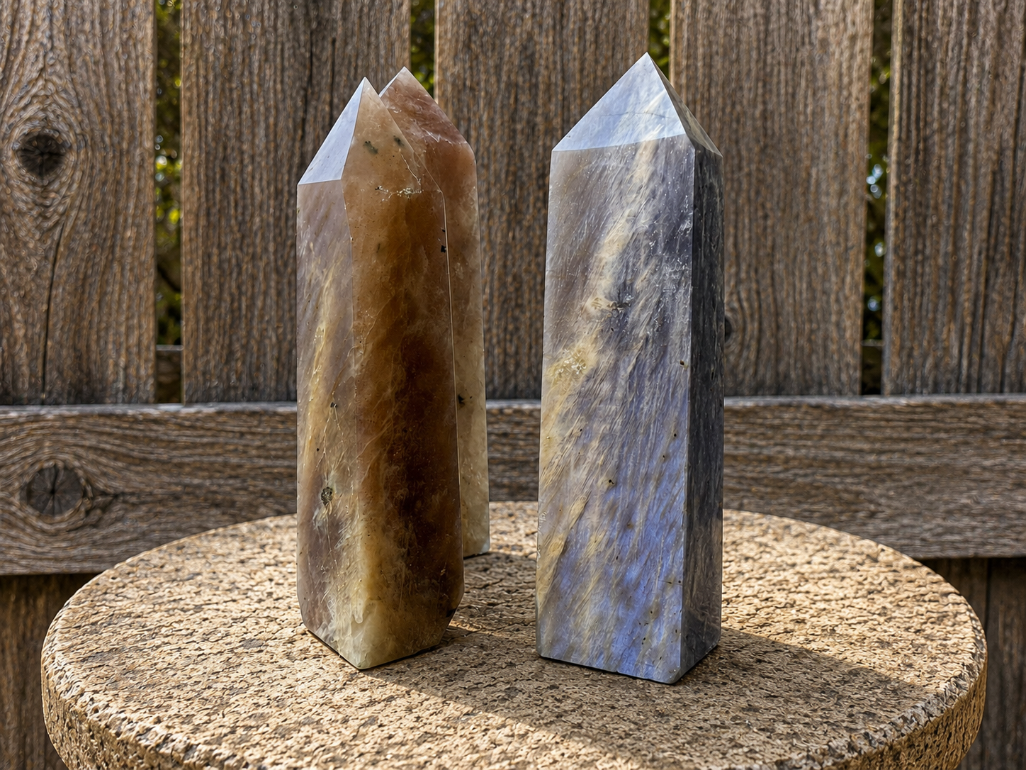 Blue flash moonstone tower from Practical Magic Store, showcasing a polished gemstone tower with vibrant blue and moonstone hues.