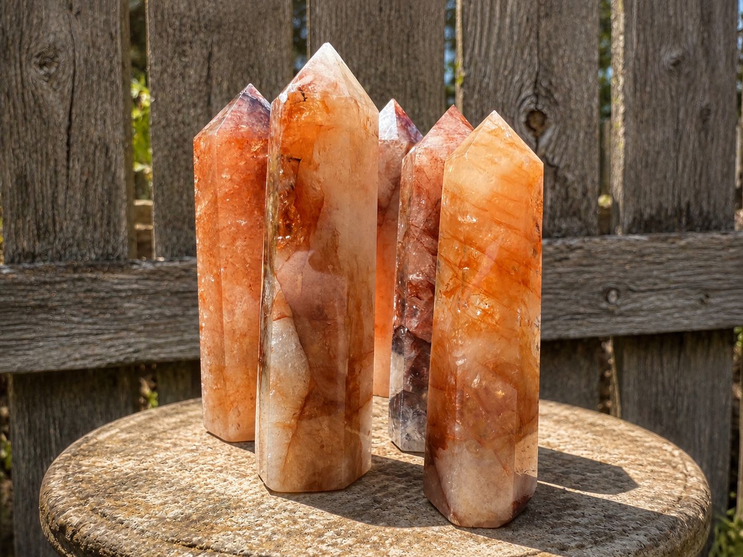 Red strawberry hematoid fire quartz tower featuring deep red and clear crystal points, used for healing and energy work.