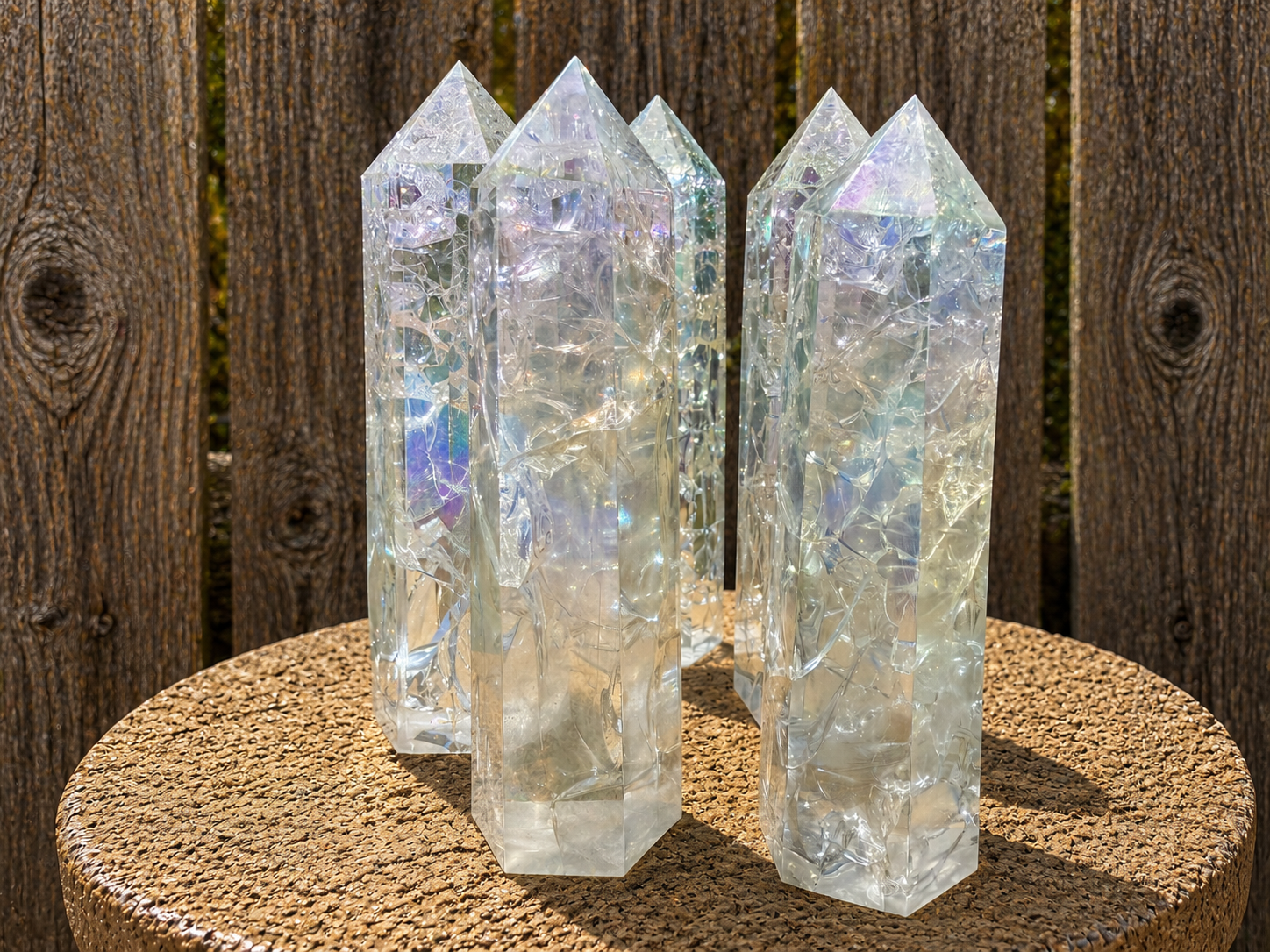 Angel Aura clear crackle quartz tower from Practical Magic Store, showcasing a shimmering, crackled quartz crystal specimen.