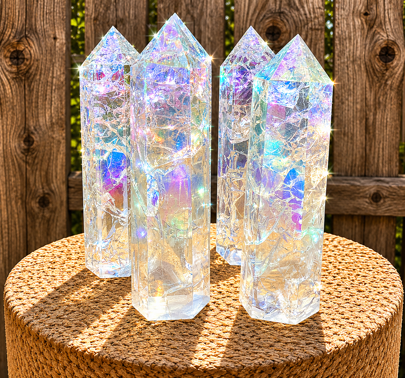 Angel Aura clear crackle quartz tower, a spiritual healing crystal generator with shimmering, crackled glass appearance.