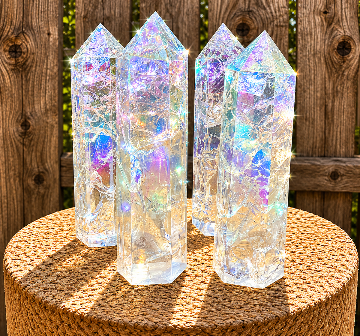 Angel Aura clear crackle quartz tower, a spiritual healing crystal generator with shimmering, crackled glass appearance.