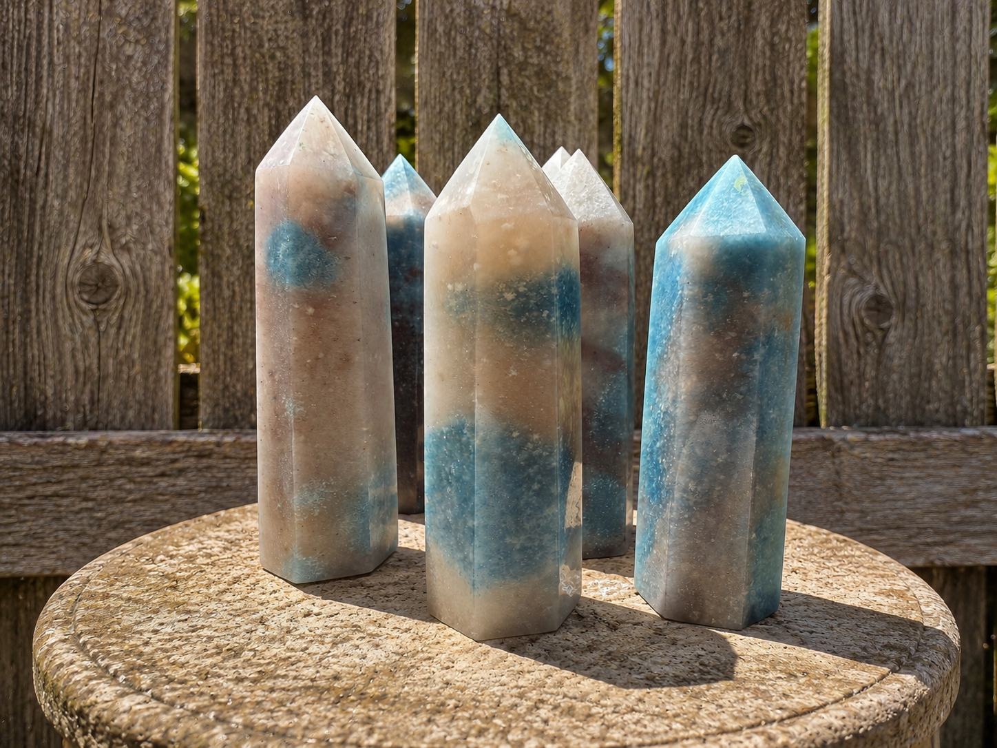 Trolleite Tower from Practical Magic Store, a decorative crystal tower with blue-green trolleite mineral points and natural mineral formations.