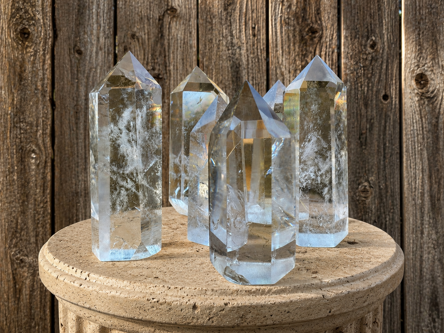 Polished clear quartz crystal tower from Practical Magic Store with natural crackle details and smooth, shiny surface.