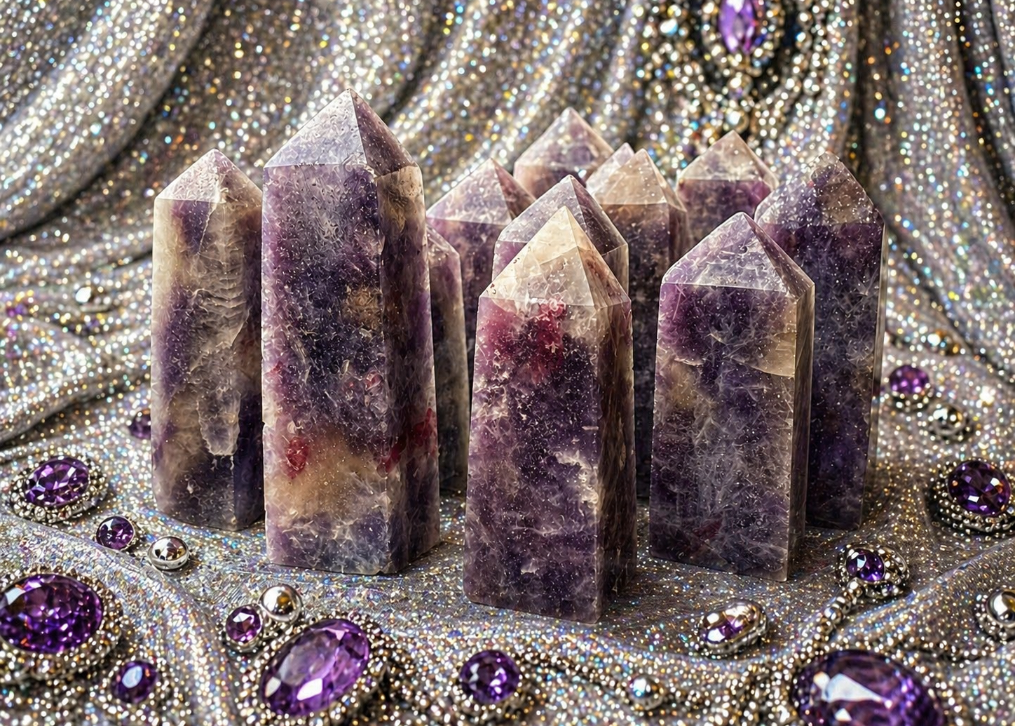 Tumbled and polished unicorn-shaped stone towers from Practical Magic Store, showcasing smooth, colorful gemstone carvings.
