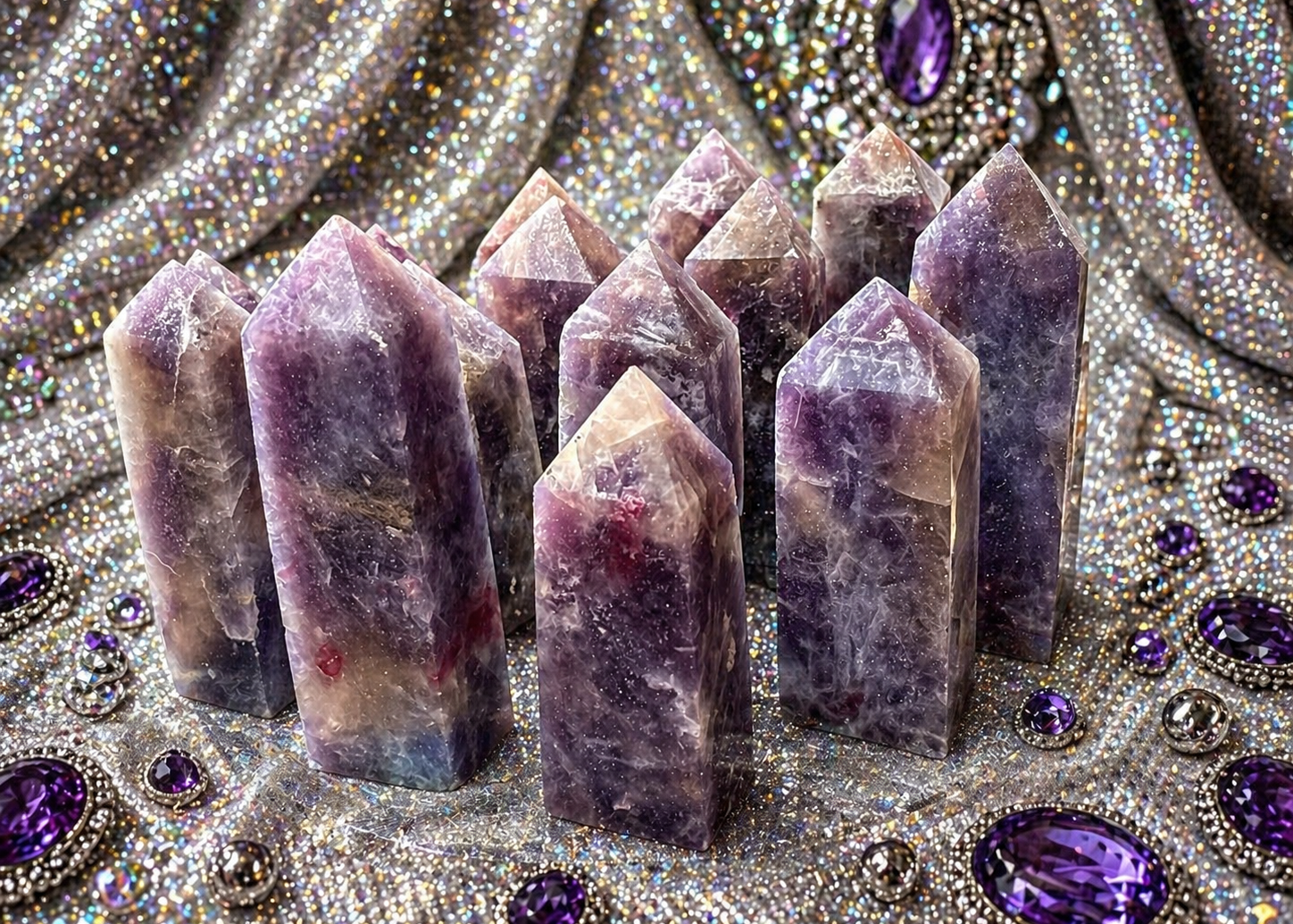 Tumbled and polished unicorn-shaped stone towers from Practical Magic Store, showing smooth, colorful mineral surfaces.