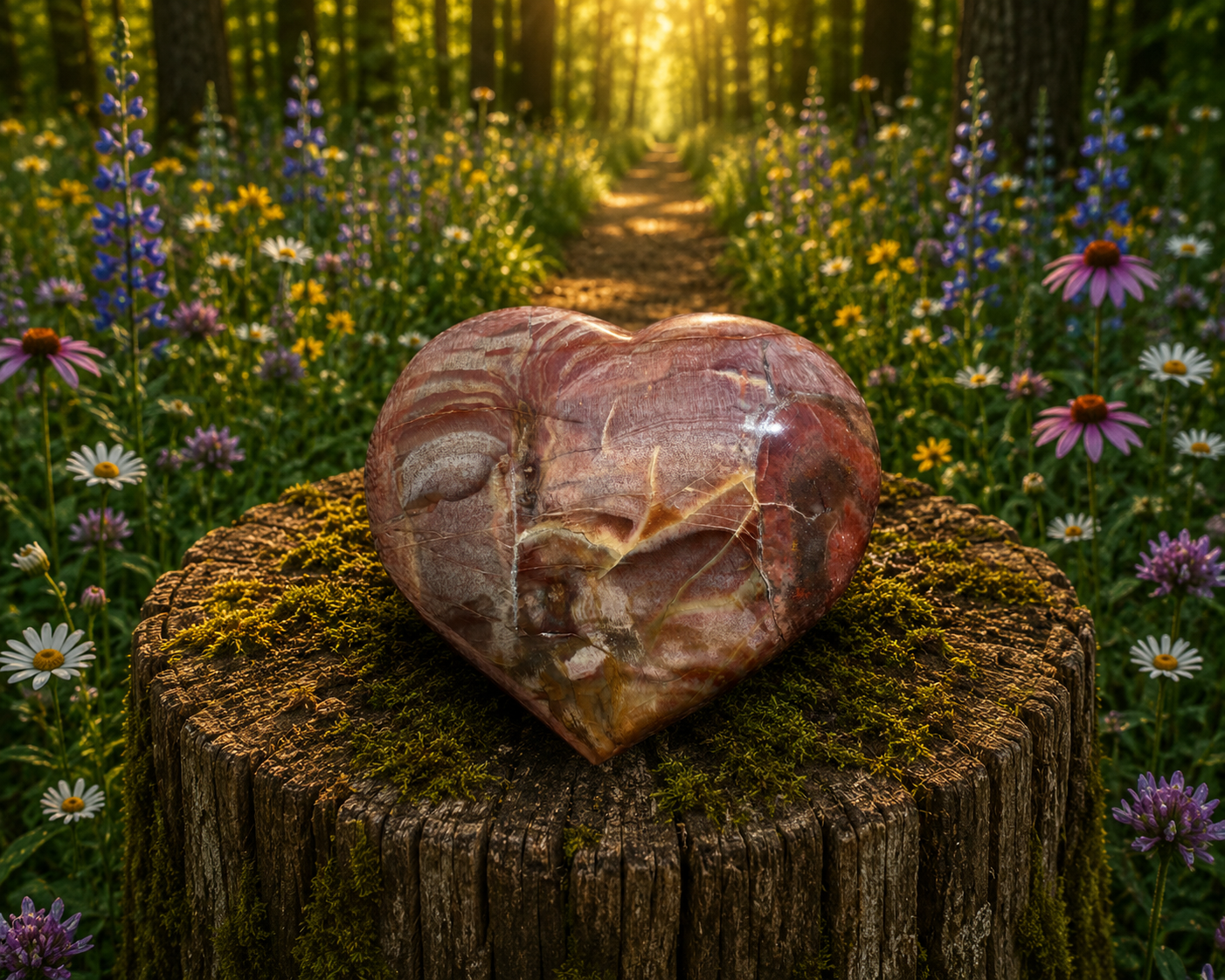 Polished petrified wood heart gemstone from 1 Practical Magic Store, showcasing smooth, natural stone with rich wood grain patterns.