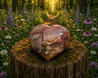 Polished petrified wood heart gemstone from 1 Practical Magic Store, showcasing smooth, natural stone with rich wood grain patterns.