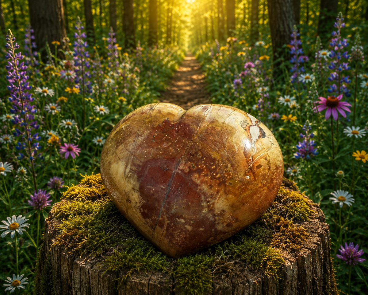 Polished petrified wood heart from tumbled stones, showcasing smooth, natural wood textures and rich brown color.