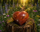 Large tumbled and polished petrified wood heart stone with natural wood grain details and smooth finish.