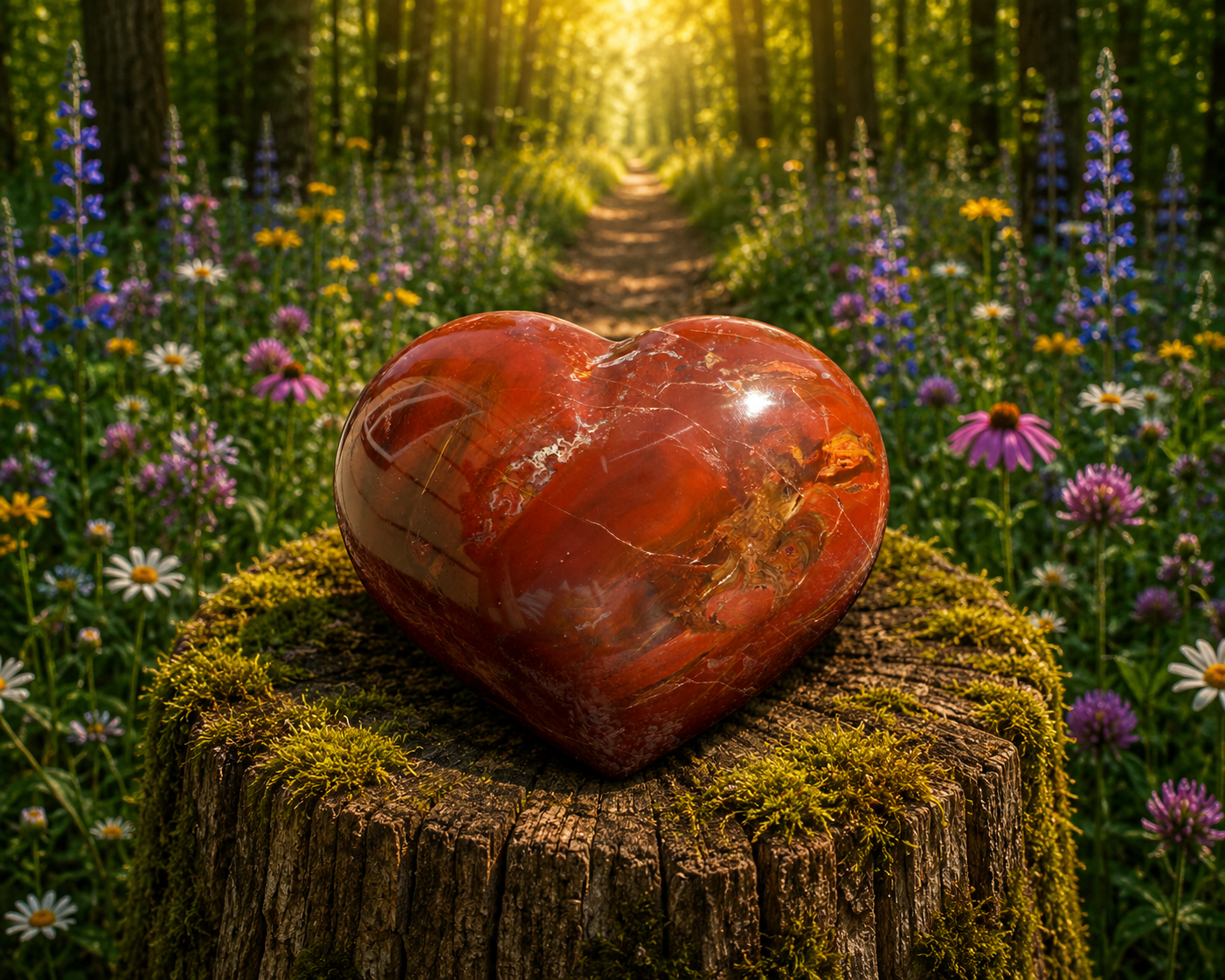 Large polished petrified wood heart from tumbled stone collection, showcasing smooth, natural wood textures and rich earthy tones.