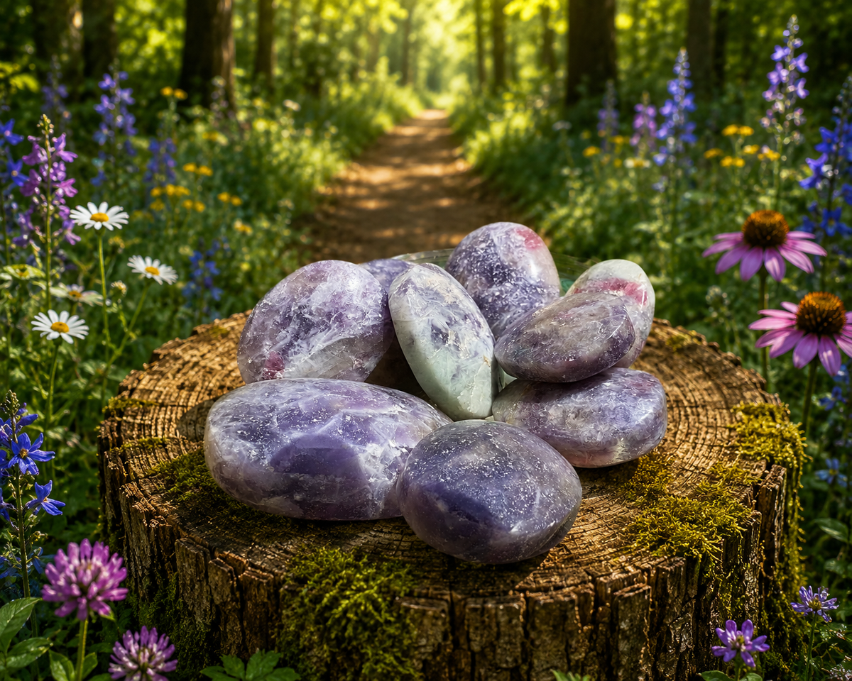 Tumbled and polished unicorn-shaped stone palm from Practical Magic Store, showcasing a smooth, colorful unicorn gemstone.