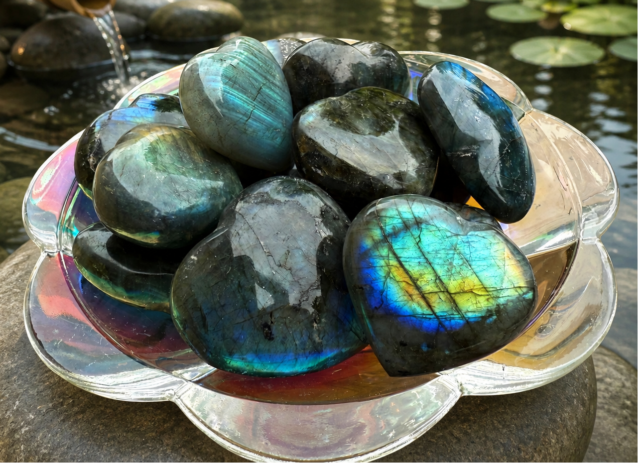 Labradorite heart-shaped gemstone from 1 Practical Magic Store displaying iridescent blue and green flashes on polished surface.
