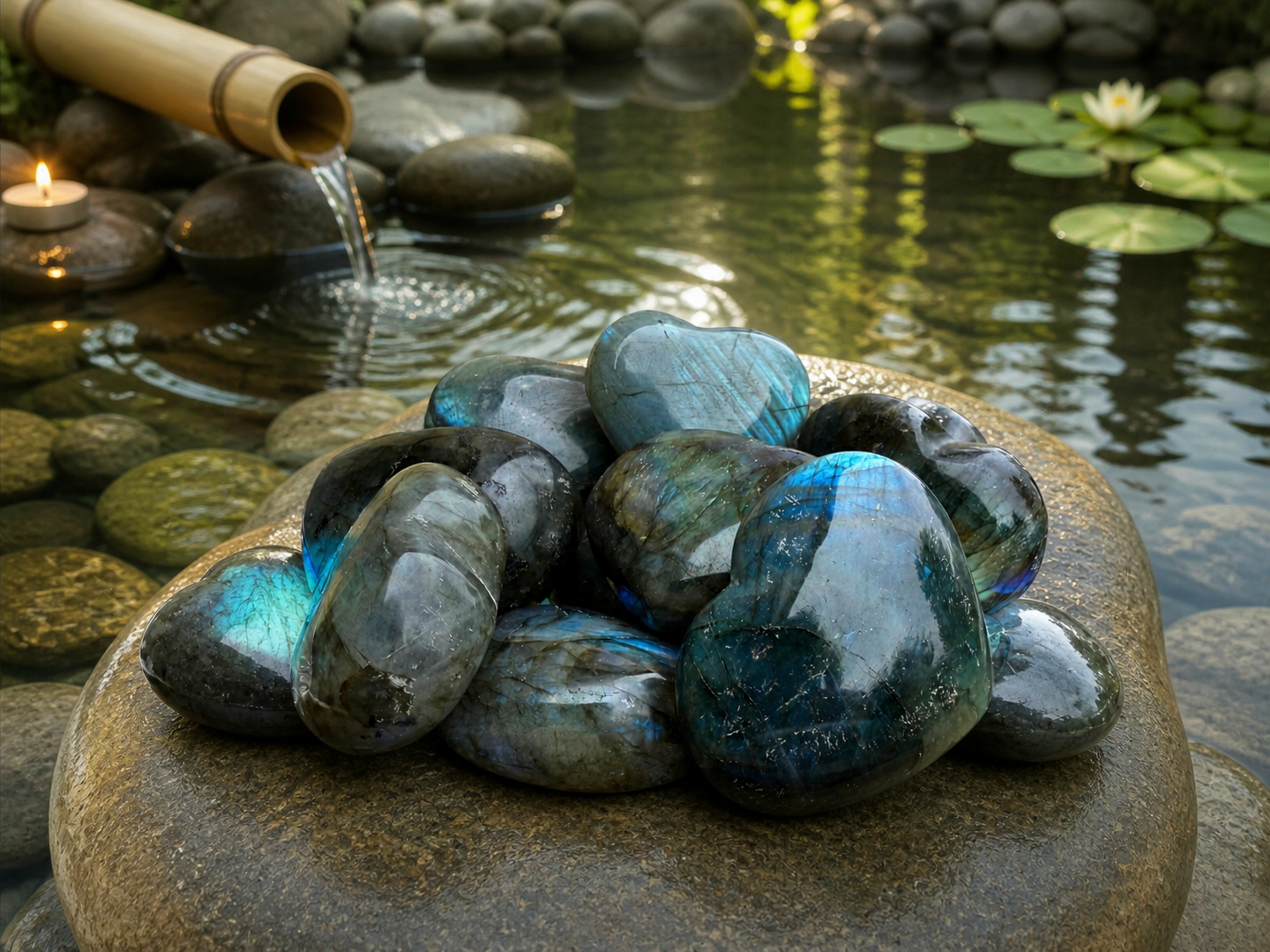 Polished Labradorite heart gemstone from 1 Practical Magic Store, showcasing iridescent blue and green flashes in a smooth, heart-shaped design.
