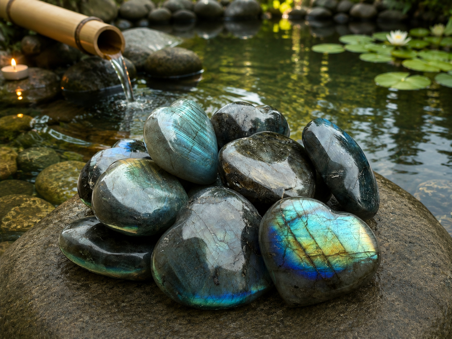 Labradorite heart-shaped gemstone from 1 Practical Magic Store showcasing iridescent blue and green flashes in a polished finish.