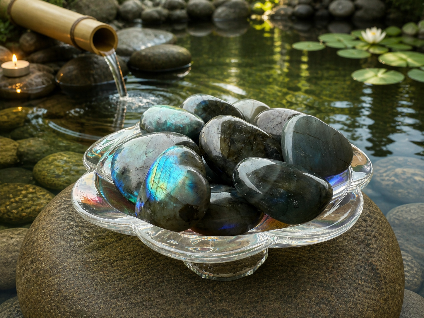 Polished Labradorite heart gemstone from 1 Practical Magic Store, showcasing iridescent blue and green flashes on a smooth surface.