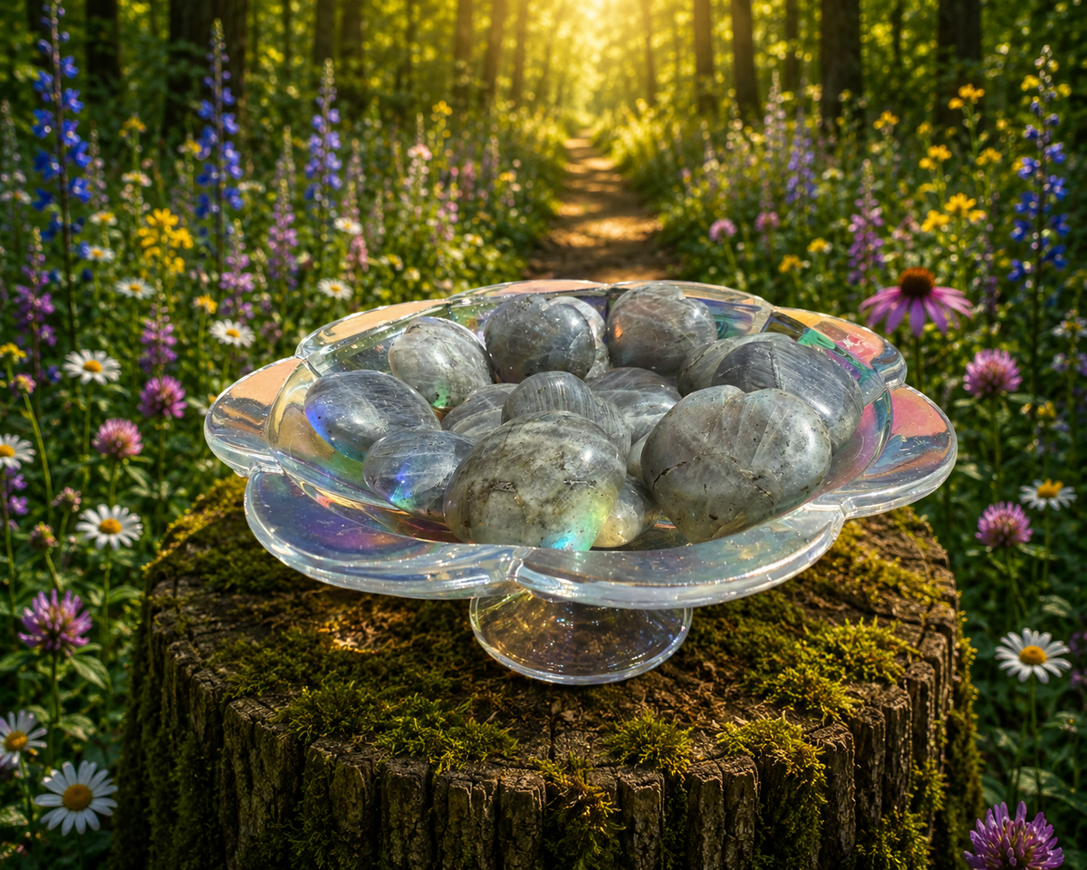 Small Labradorite Heart from 1 Practical Magic Store showing iridescent blue and green hues in polished stone shape.
