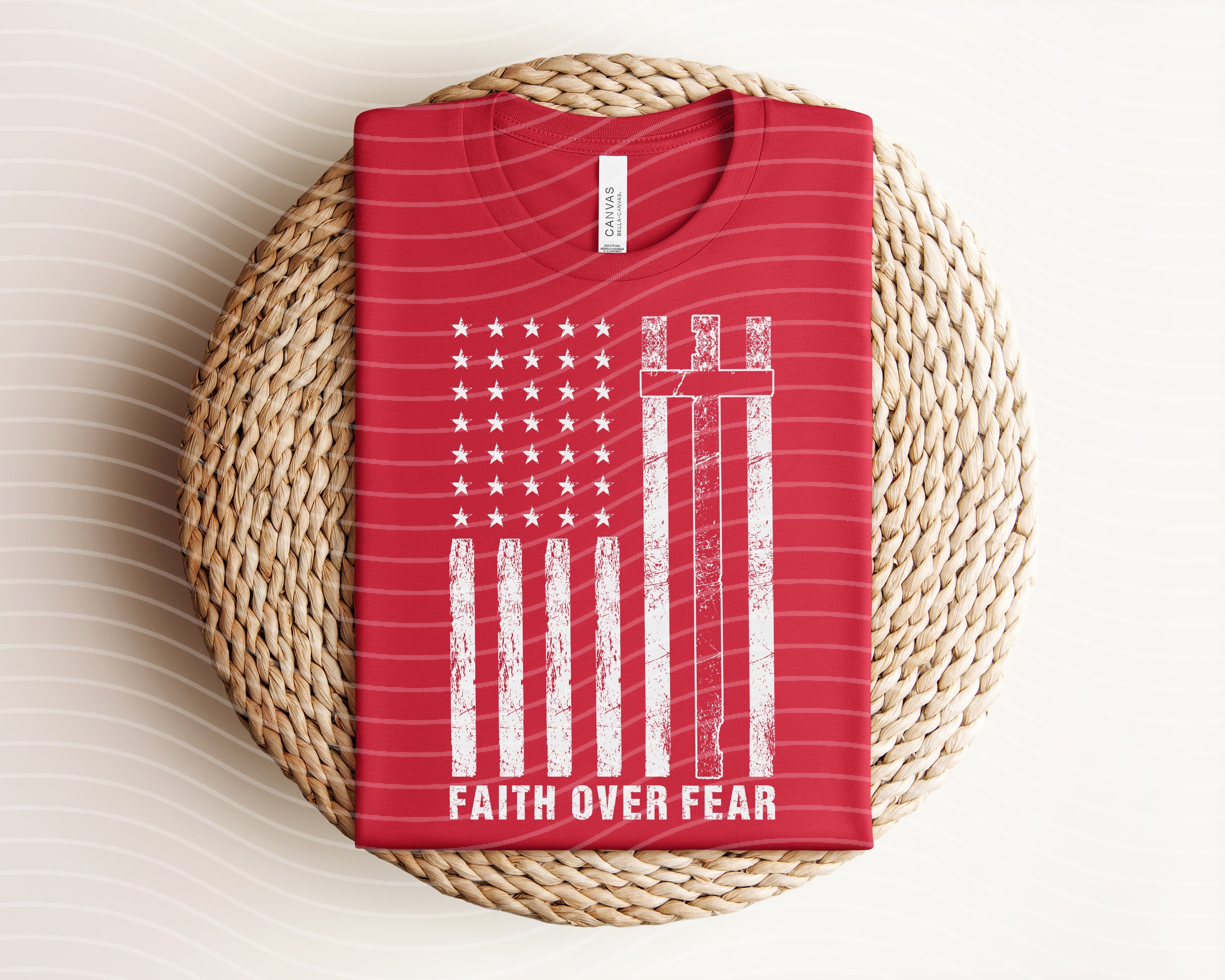 Faith Over Fear graphic tee by Anchored Grace Boutique, featuring bold text design on a casual cotton T-shirt.