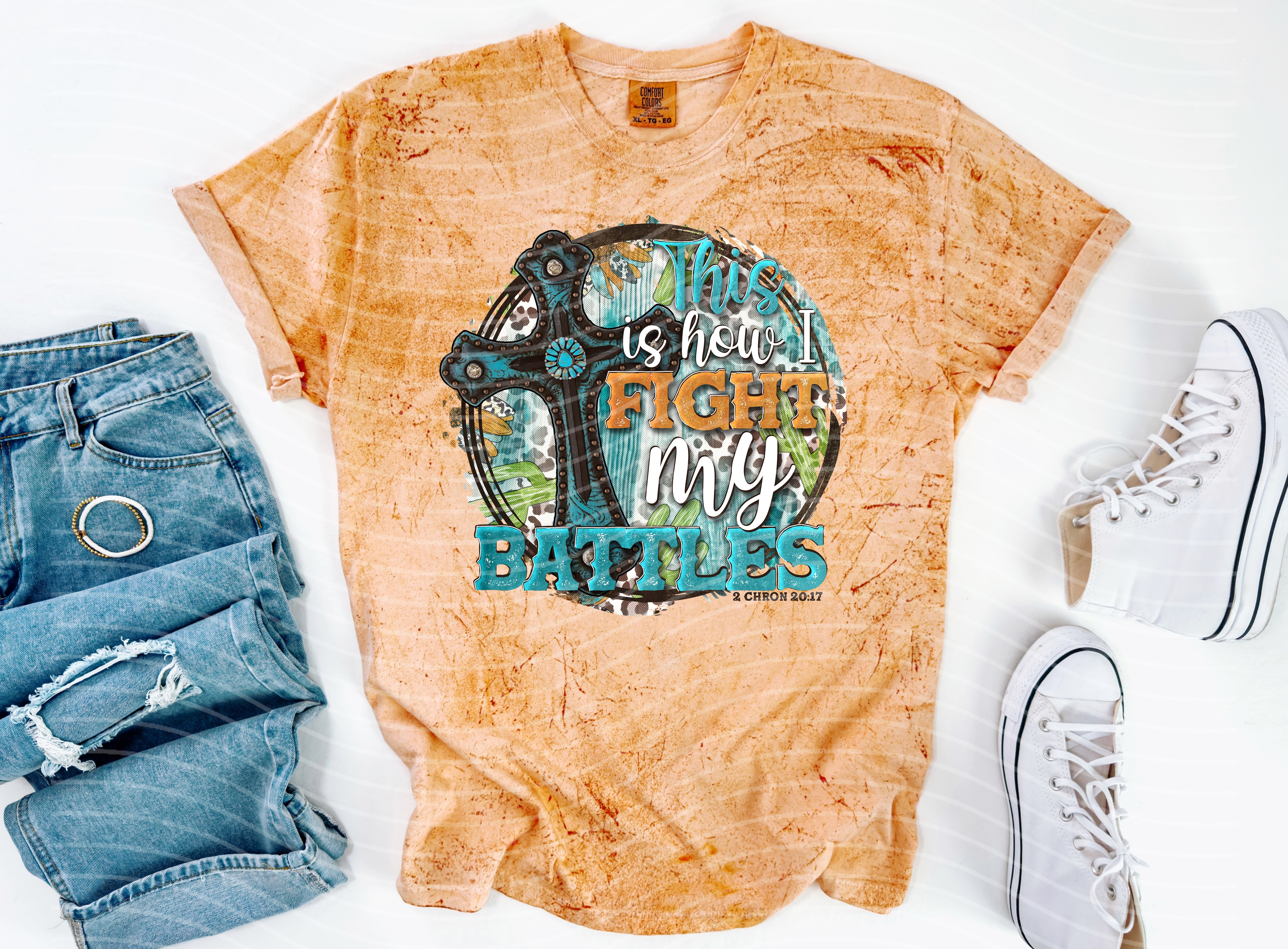 Black graphic tee from Anchored Grace Boutique with inspirational text "This is How I Fight My Battles" in bold white lettering.