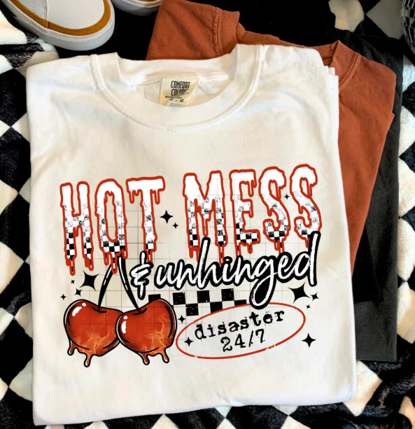 Hot Mess & Unhinged graphic tee by Anchored Grace Boutique, casual cotton t-shirt with bold printed design.