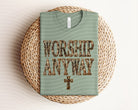 Gray Worship Anyway graphic tee from Anchored Grace Boutique featuring inspirational text and casual fit.