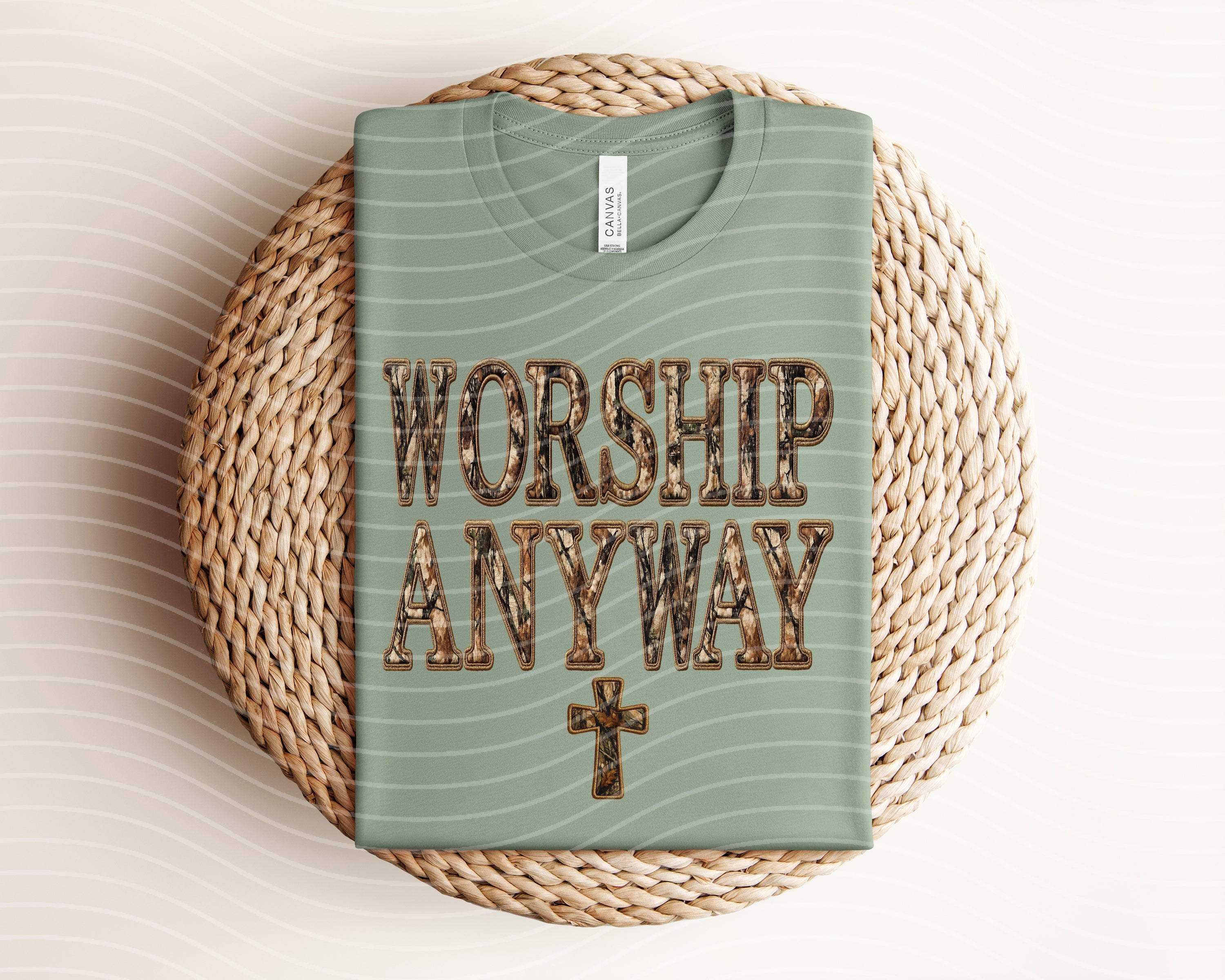 Gray Worship Anyway graphic tee from Anchored Grace Boutique featuring inspirational text and casual fit.