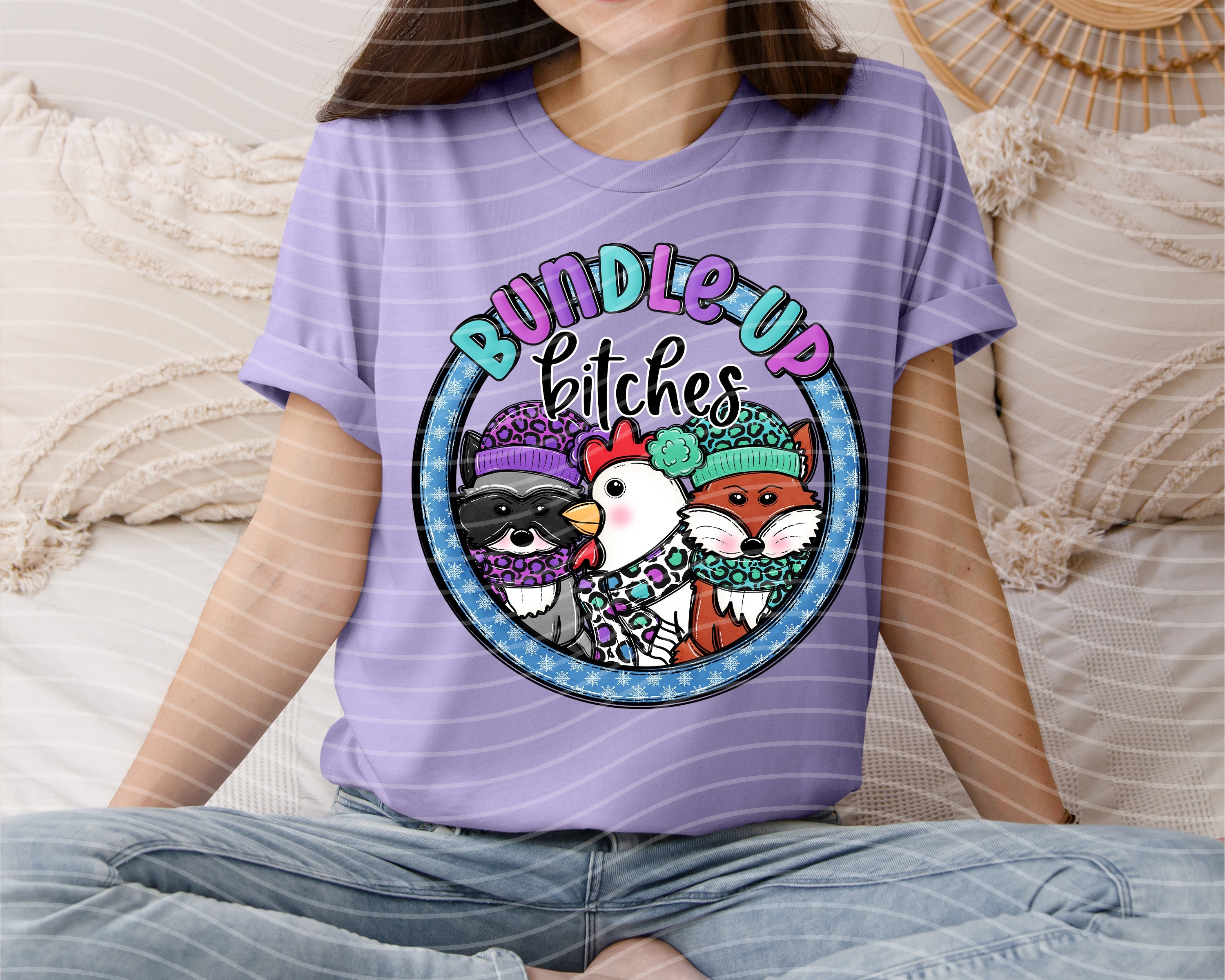 Anchored Grace Boutique graphic tee featuring bold "Bundle Up B****es" design, casual cotton t-shirt for women.