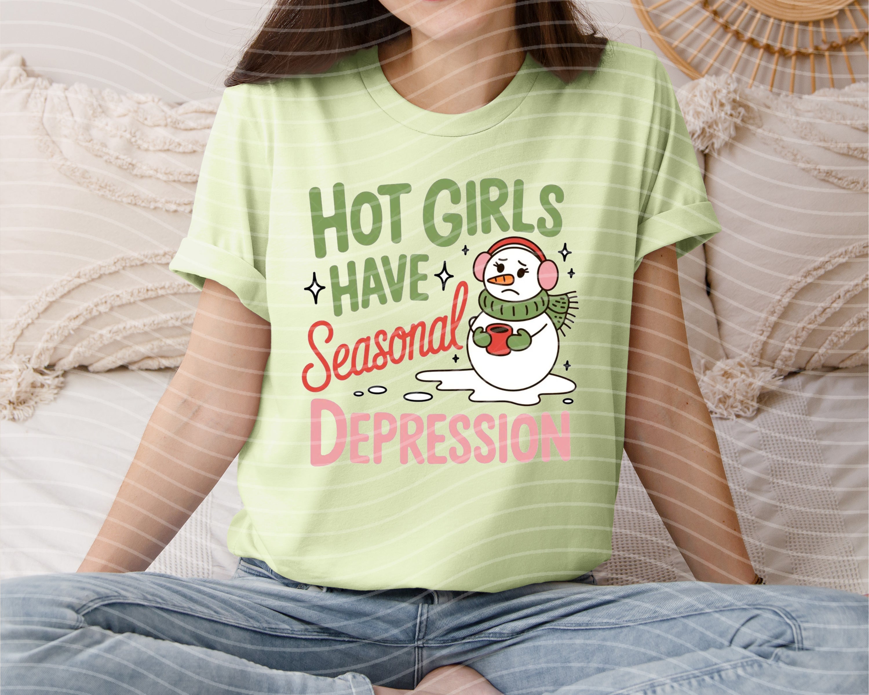 Graphic tee featuring "Hot Girls Have Seasonal Depression" design by Anchored Grace Boutique, showing a casual, stylish women's t-shirt.